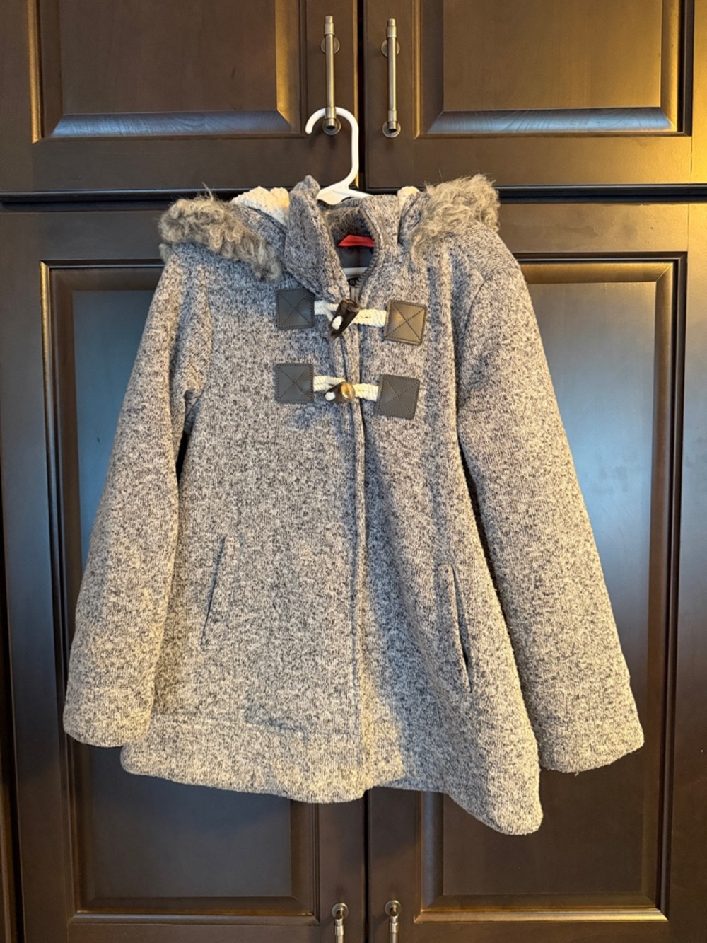 Old Navy Girls Gray Hooded Pea Coat with Faux Fur Trim